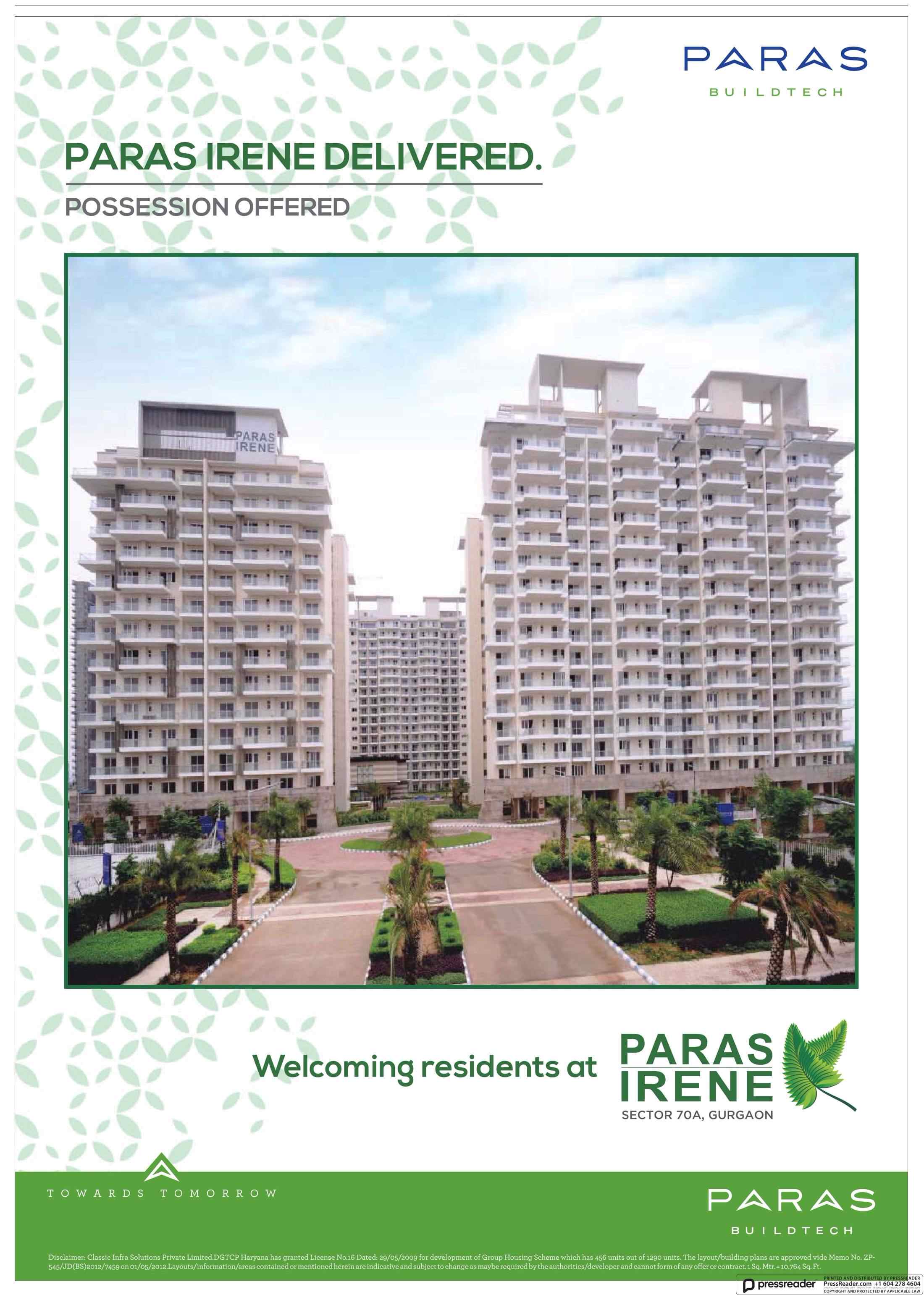 Paras Irene Delivered and Possession offered in Gurgaon